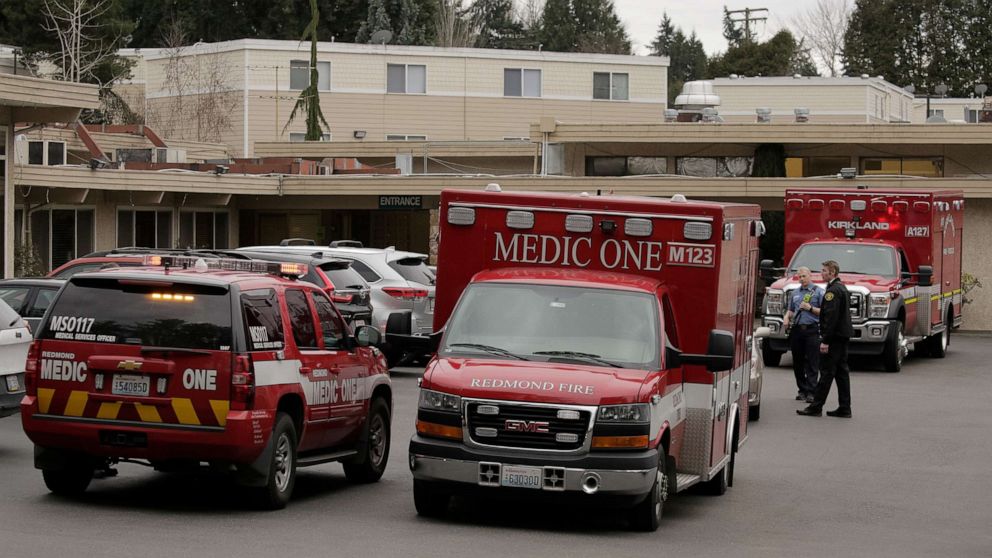 PHOTO: An ambulance transports a patient from the Life Care Center of Kirkland, the long-term care facility linked to several confirmed cases of the novel coronavirus in the state, in Kirkland, Washington, March 1, 2020.