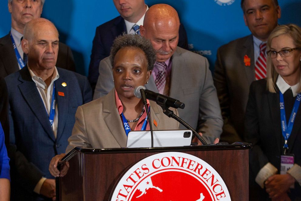 PHOTO: Chicago Mayor Lori Lightfoot speaks speaks at a press conference during the U.S. Conference of Mayors 90th Annual Meeting at the Peppermill Resort Hotel in Reno, Nev., June 3, 2022. 