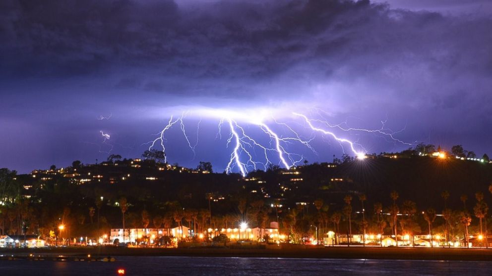 PHOTO: Lightning strikes light up the sky above Stearns Wharf in Santa Barbara, Calif., on Tuesday, March 5, 2019.