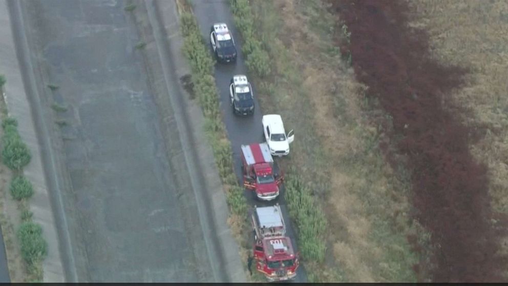 PHOTO: Emergency vehicles respond to the scene of a fatal lightning strike that killed a women and dogs in Pico Rivera, Calif., June 22, 2022.