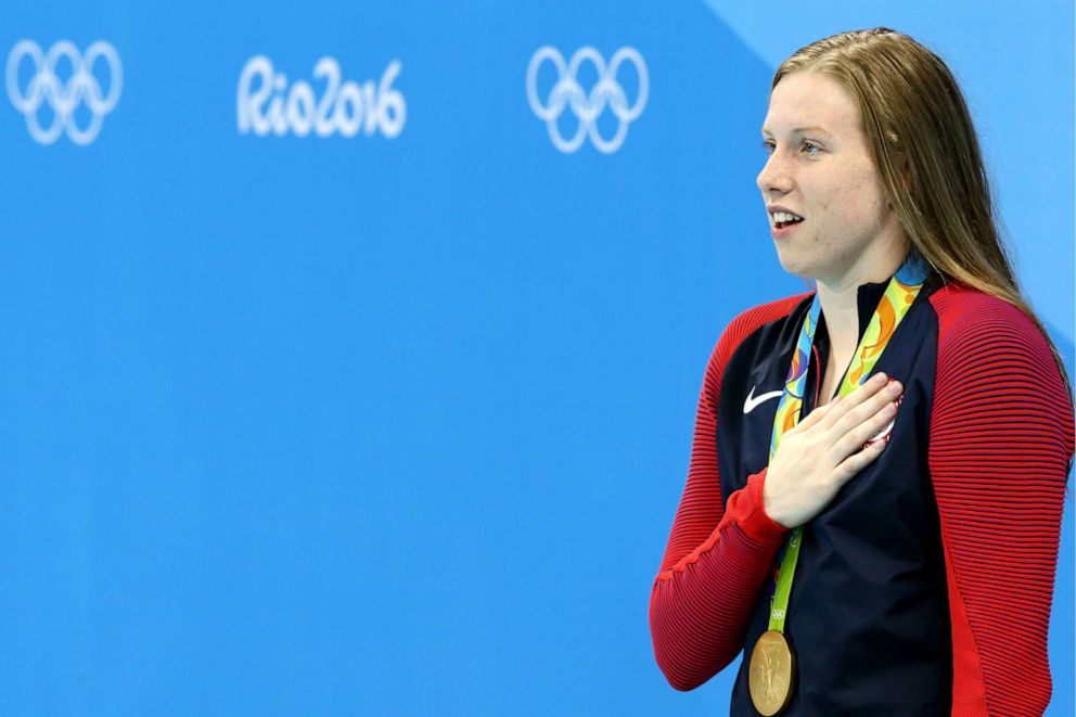 PHOTO: Gold medalist Lillia King of the USA at an award ceremony for the women's 100m breaststroke event at the 2016 Summer Olympic Games in Rio de Janeiro.