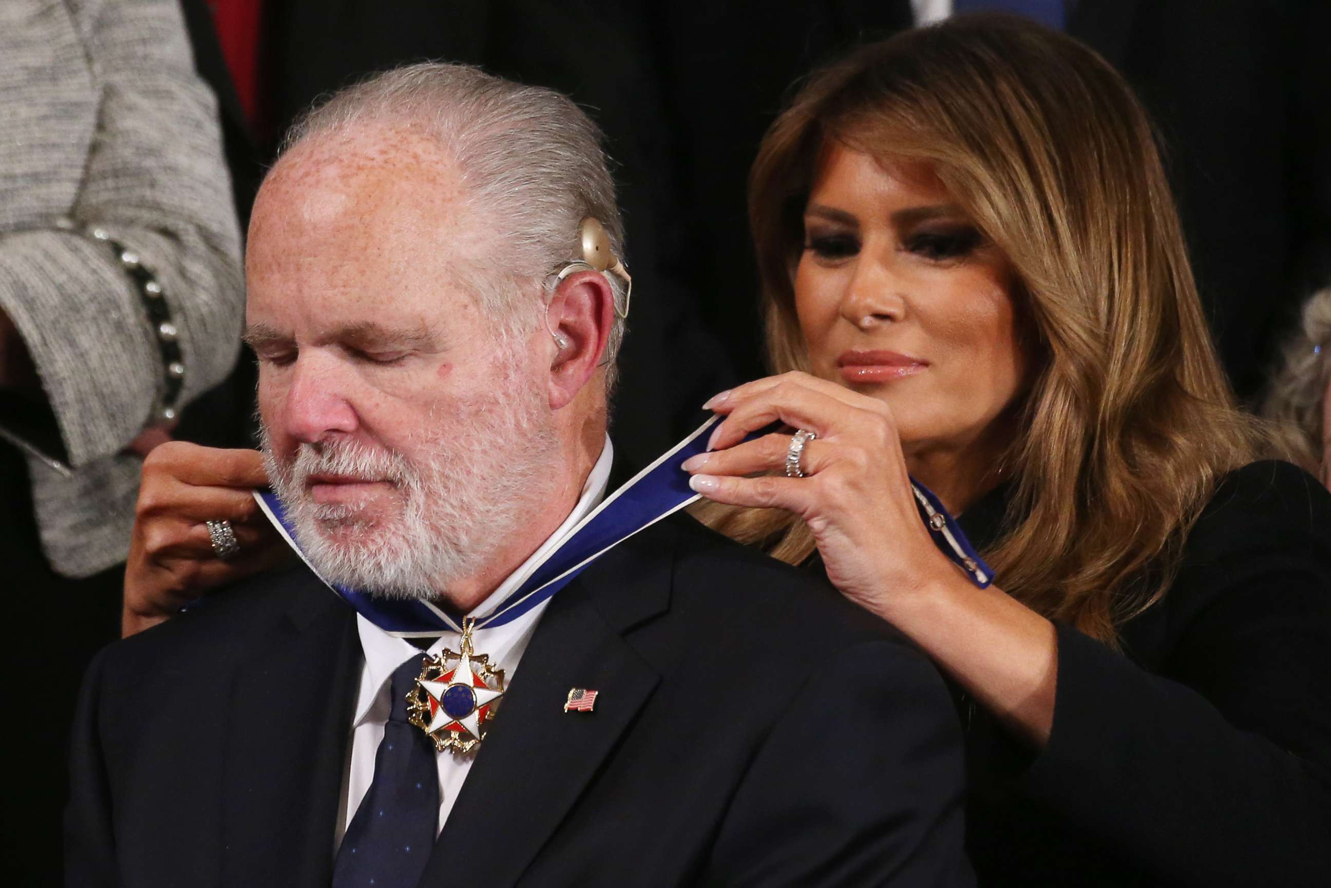 PHOTO: Radio personality Rush Limbaugh reacts as First Lady Melania Trump gives him the Presidential Medal of Freedom during the State of the Union address in the chamber of the U.S. House of Representatives on February 04, 2020 in Washington, DC.