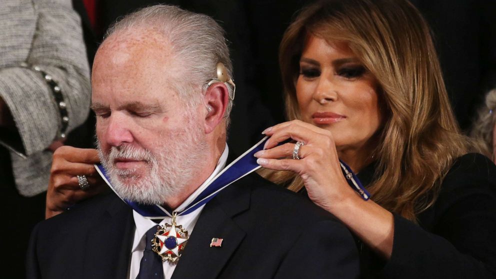PHOTO: Radio personality Rush Limbaugh reacts as First Lady Melania Trump gives him the Presidential Medal of Freedom during the State of the Union address in the chamber of the U.S. House of Representatives on February 04, 2020 in Washington, DC.