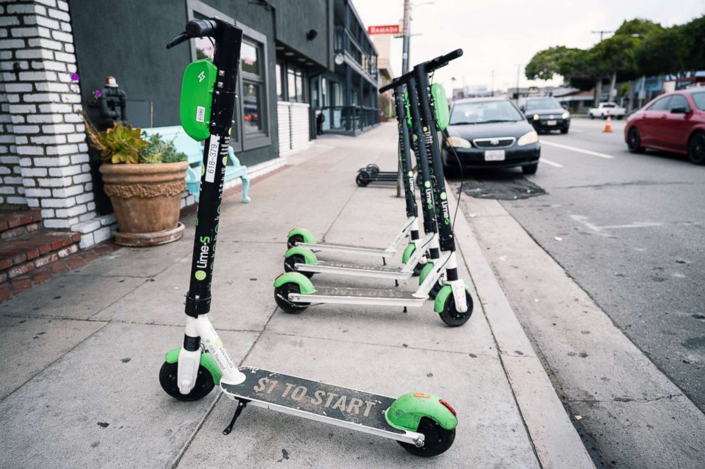 PHOTO: Electric scooters seen in Los Angeles, Calif., Jan. 29, 2019.