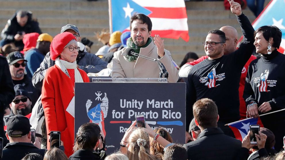 PHOTO: Lin-Manuel Miranda speaks at a Unity for Puerto Rico rally at the Lincoln Memorial on November 19, 2017 in Washington. 
