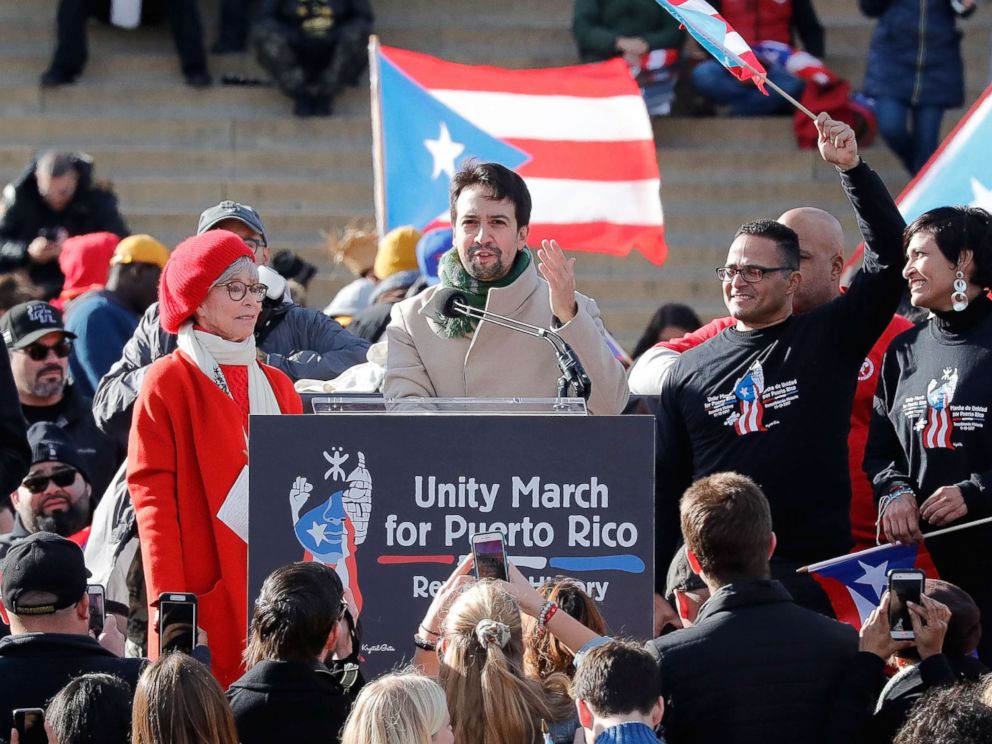 PHOTO: Lin-Manuel Miranda speaks at a Unity for Puerto Rico rally at the Lincoln Memorial on November 19, 2017 in Washington. 