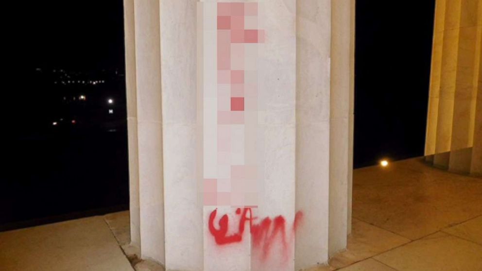 PHOTO: Graffiti on a column of the Lincoln Memorial, discovered early in the morning, August 15, 2017.