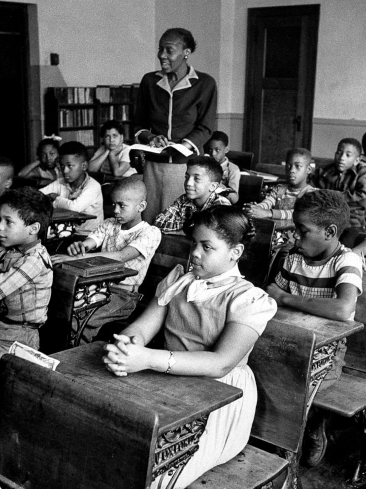 PHOTO: Linda Brown (front, C) sits in her segregated classroom at the Monroe School before a case brought before the Supreme Court on her behalf resulted in a decision ruling school segregation illegal.  