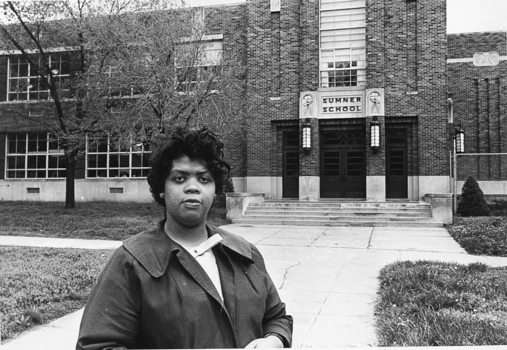 PHOTO: Linda Brown Smith standing in front of the Sumner School in Topeka, Kan. on May 8, 1964. The refusal of the public school to admit Brown in 1951 led to the landmark case of Brown v. Board of Education.