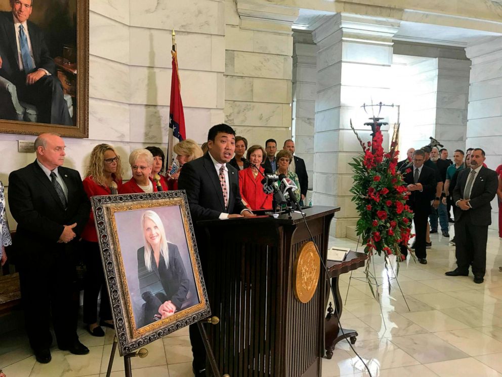 PHOTO: Ken Yang, former communications director for former state Sen. Linda Collins, speaks at an event remembering Collins at the state Capitol, June 11, 2019, in Little Rock, Ark.