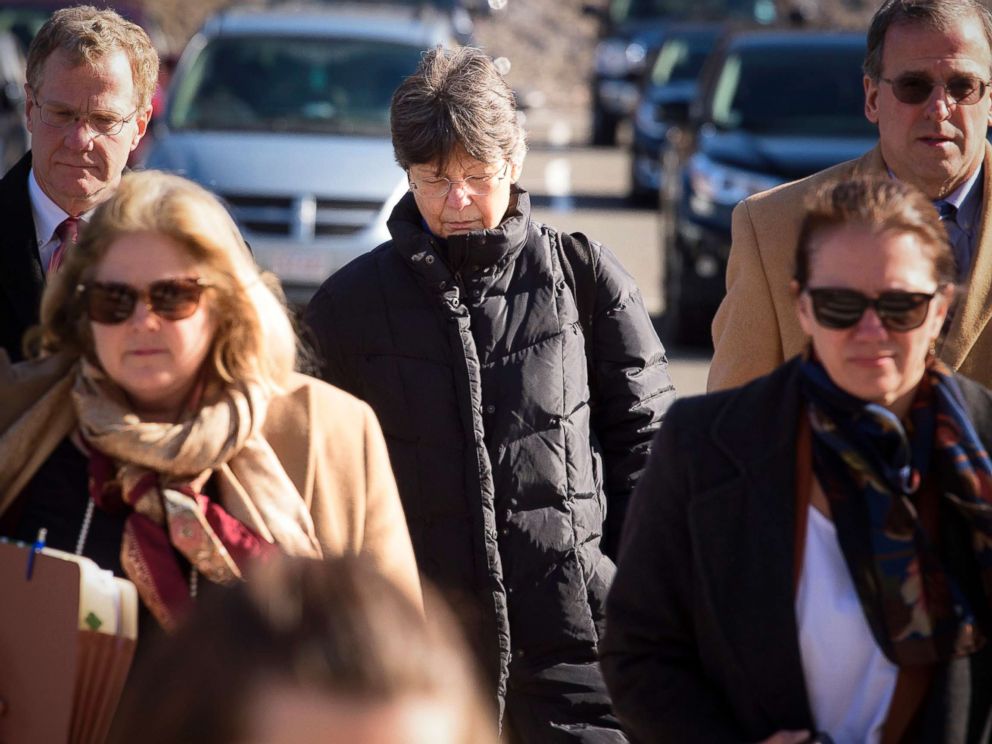 PHOTO: Linda L. Kosuda-Bigazzi, middle, accused of murdering her husband Pierluigi Bigazzi, arrives at Bristol Superior Court in Bristol, Conn., for arraignment flanked by her legal team, Feb. 13, 2018.