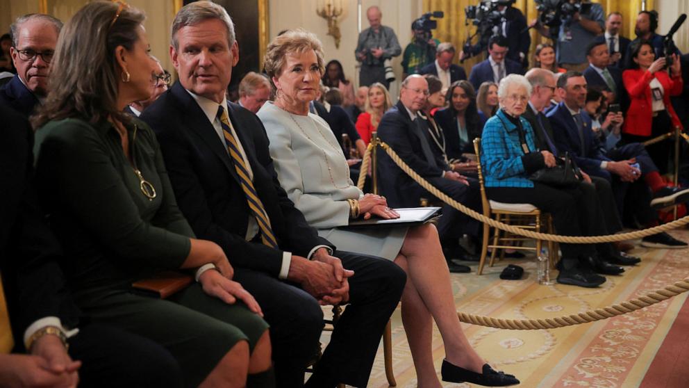 PHOTO: Secretary of Education Linda McMahon attends the signing of an executive order to shut down the Department of Education by U.S. President Donald Trump, during an event in the East Room at the White House in Washington, Mar. 20, 2025.