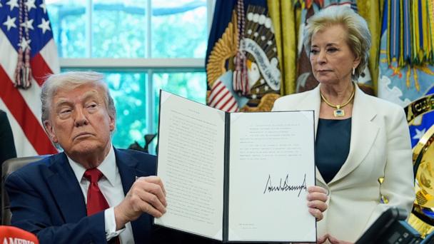 President Donald Trump holds an executive order relating to education in the Oval Office of the White House, April 23, 2025, in Washington, as Education Secretary Linda McMahon watches. 