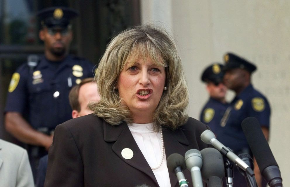 PHOTO: Linda Tripp, the Pentagon employee whose secret tape recordings of former White House intern Monica Lewinsky triggered a criminal investigation of President Clinton, talks to reporters outside federal court in Washington, July 29, 1998.