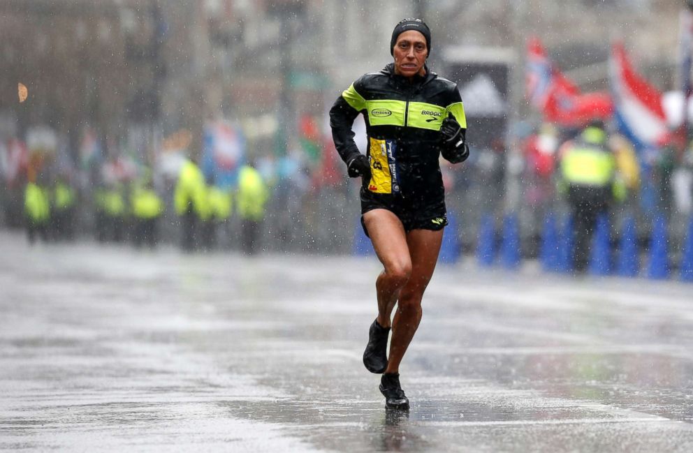 PHOTO: Desiree Linden during the 2018 Boston Marathon, April 16, 2018. 