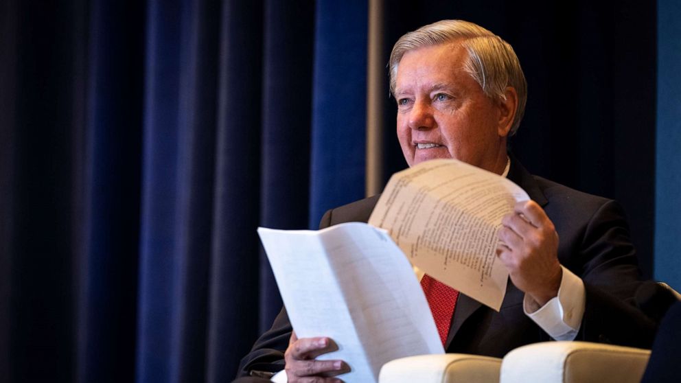 PHOTO: Sen. Lindsey Graham participates in a panel discussion on the economy during the America First Agenda Summit in Washington, July 26, 2022.