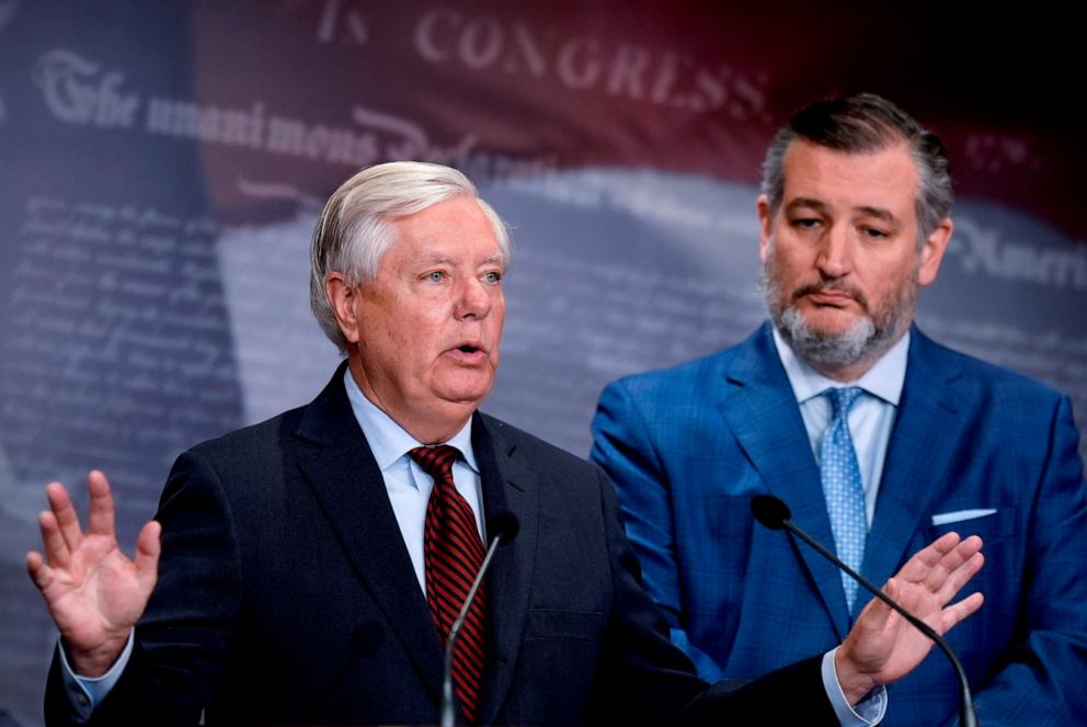 PHOTO: Sen. Lindsey Graham, joined by Sen. Ted Cruz and other Senate Republicans, criticizes President Joe Biden during a news conference at the Capitol in Washington, D.C., on May 9, 2024.