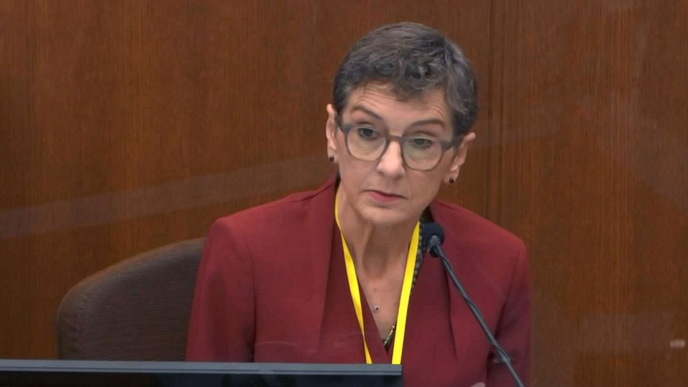 PHOTO: Dr. Lindsey Thomas, a forensic pathologist, testifies in the trial of former Minneapolis police officer Derek Chauvin at the Hennepin County Courthouse in Minneapolis, Minn., April 9, 2021.