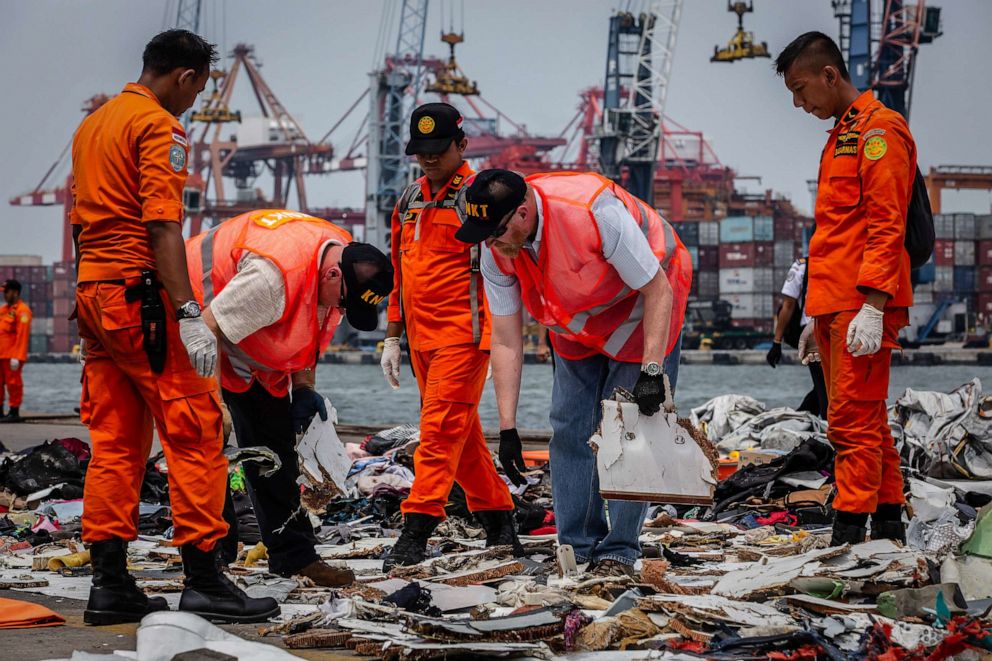 PHOTO: National Transportation Safety Board (NTSB), Boeing and Search and Rescue personnel check debris from Lion Air flight JT 610 at the Tanjung Priok port, Nov. 1, 2018, in Jakarta, Indonesia.
