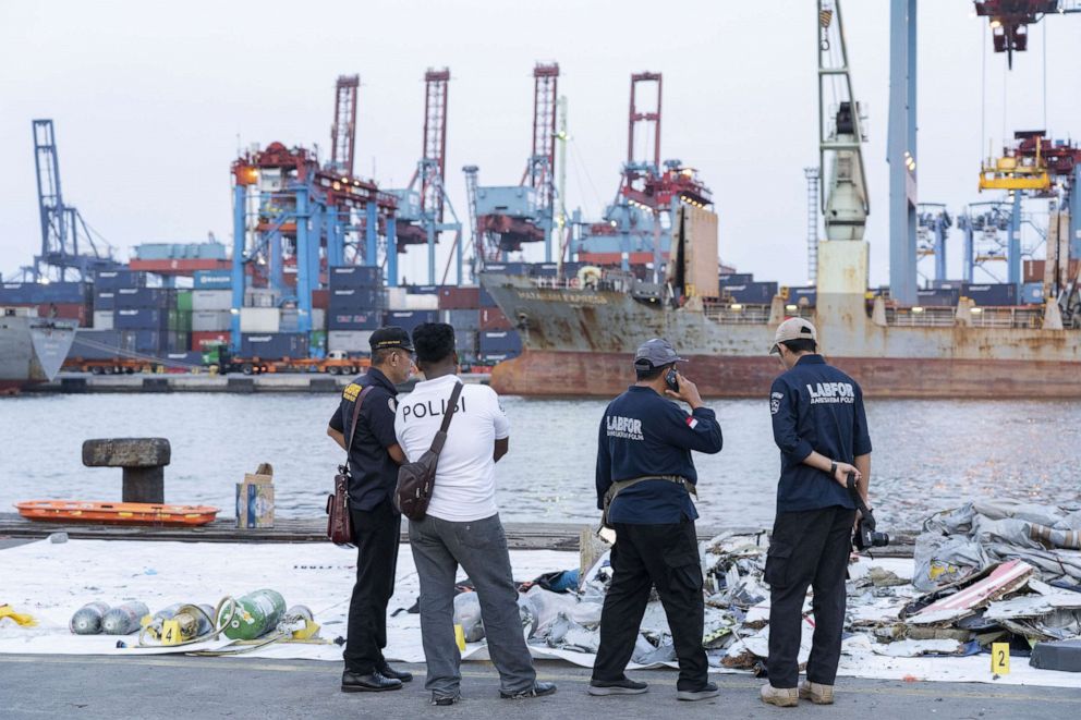 PHOTO: Debris recovered from the crash site sits on the dockside at Tanjung Priok Port in Jakarta, Indonesia, Oct. 29, 2018.