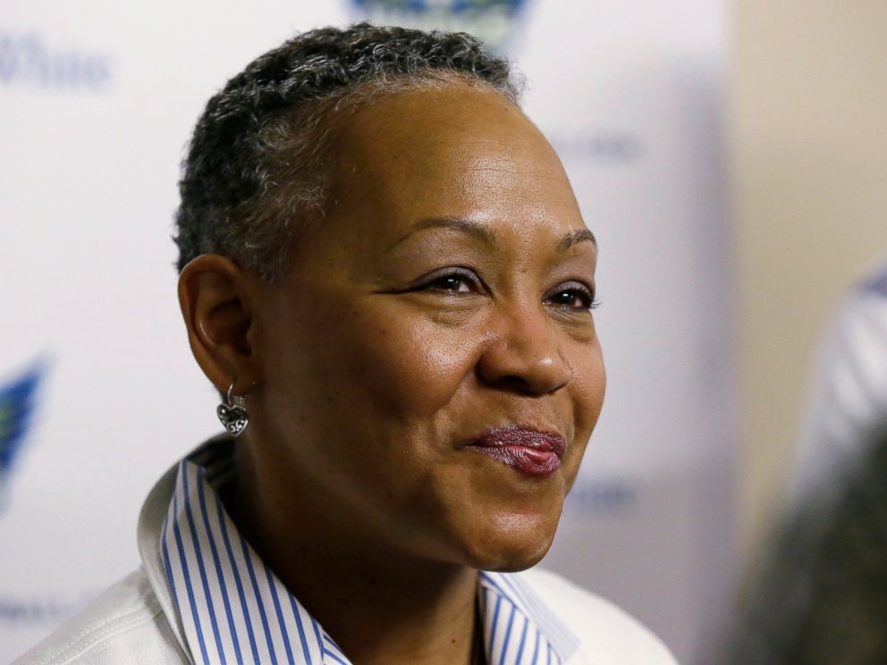PHOTO: In this May 21, 2016, file photo, WNBA President Lisa Borders smiles as she speaks to reporters before a WNBA basketball game between the San Antonio Stars and the Dallas Wings in Arlington, Texas.