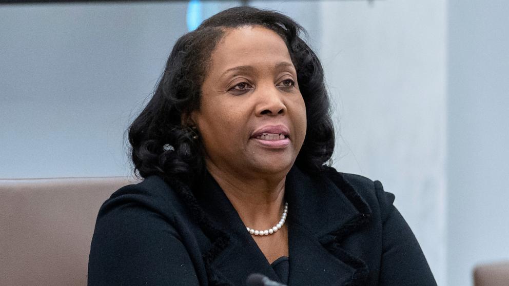 PHOTO: Federal Reserve Board of Governors member Lisa Cook listens during an open meeting of the Board of Governors at the Federal Reserve, June 25, 2025, in Washington.