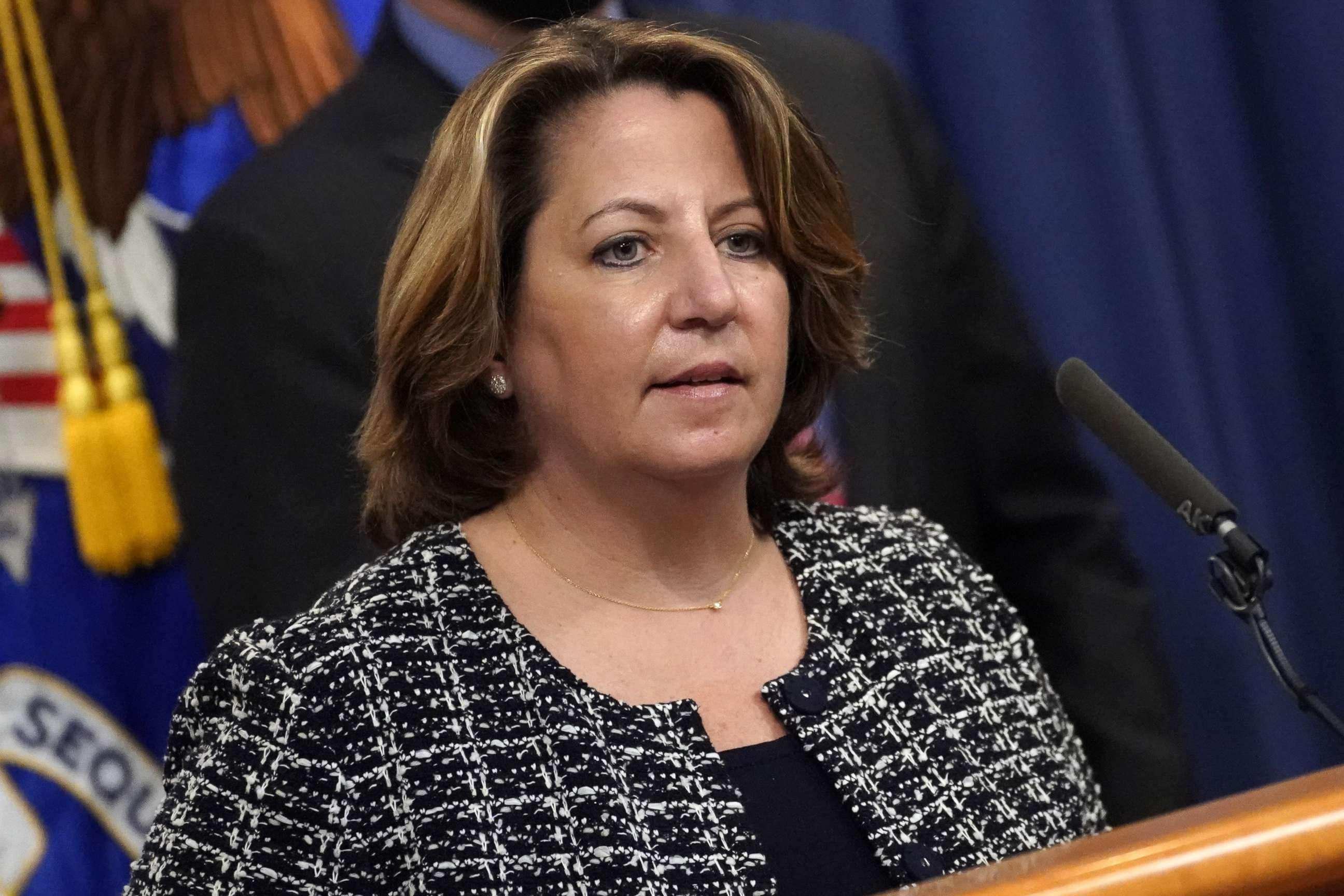 PHOTO: Lisa Monaco, deputy U.S. attorney general, speaks during a news conference at the Department of Justice in Washington, D.C., Nov. 8, 2021.