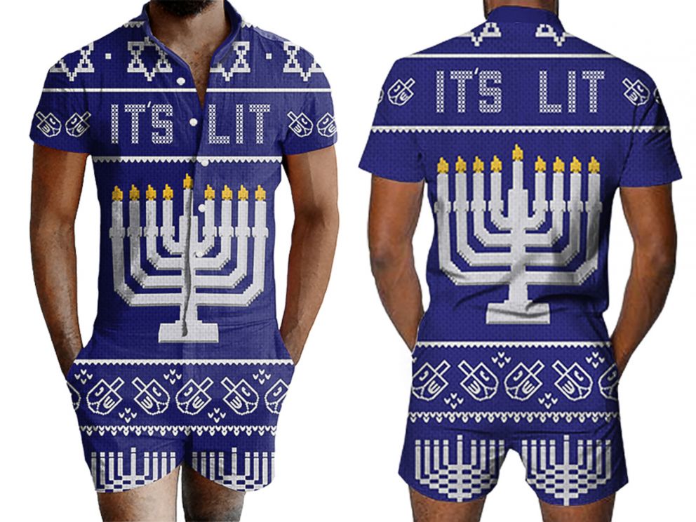 PHOTO: "It's Lit Ugly Hannukkah Romper Back" : Getonfleek's "It's Lit Ugly Hanukkah Romper" for men is photographed here. 