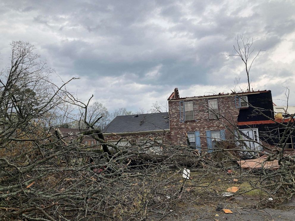 PHOTO: A home is damaged and trees are down after a tornado swept through Little Rock, Ark., on March 31, 2023.