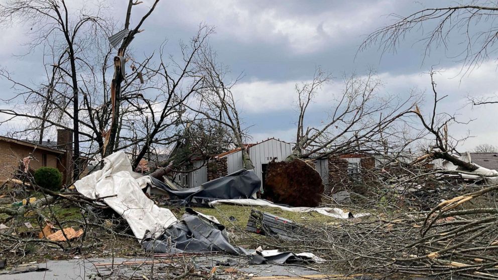 PHOTO: A home is damaged and trees are down after a tornado swept through Little Rock, Ark., on March 31, 2023.