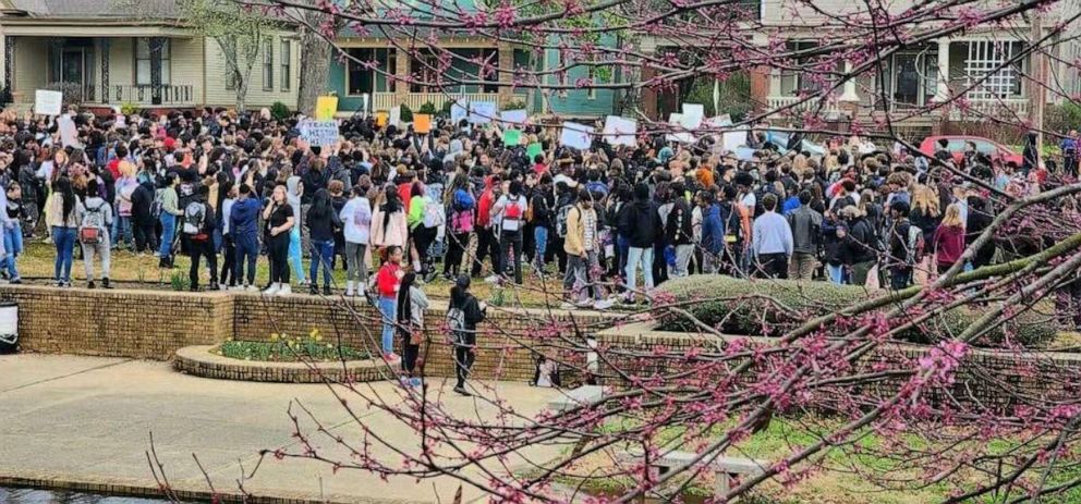 PHOTO: Students at Little Rock Central High School walk out of classes on March 3, 2023.