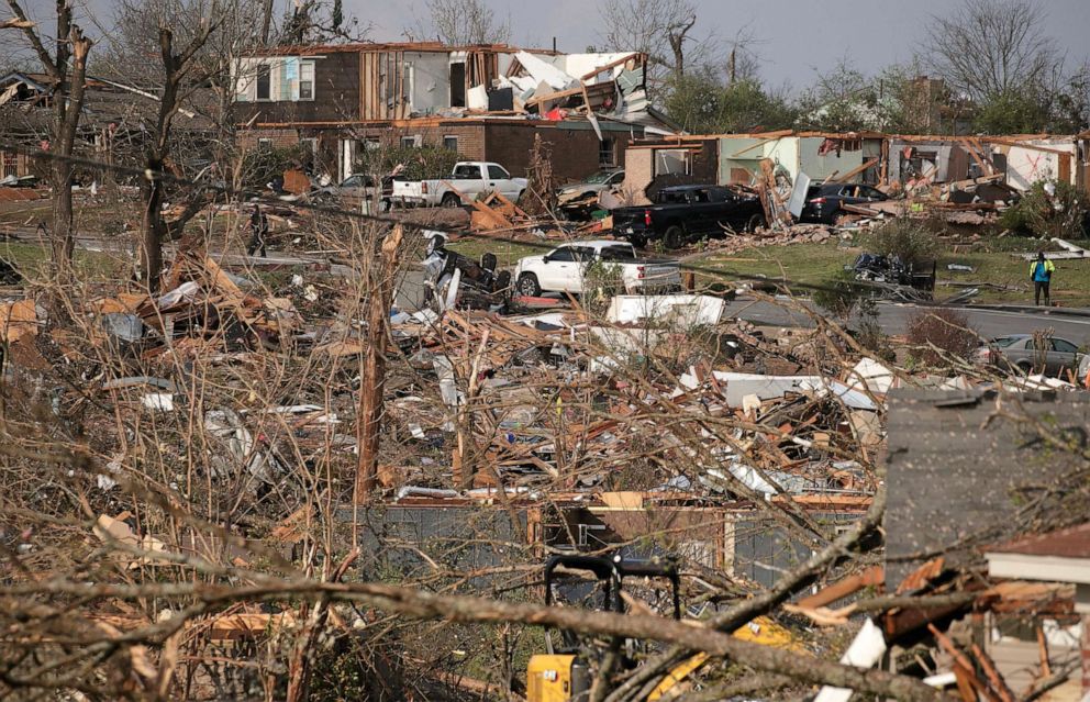 PHOTO: The damaged remains of the Walnut Ridge neighborhood is seen on March 31, 2023, in Little Rock, Arkansas.