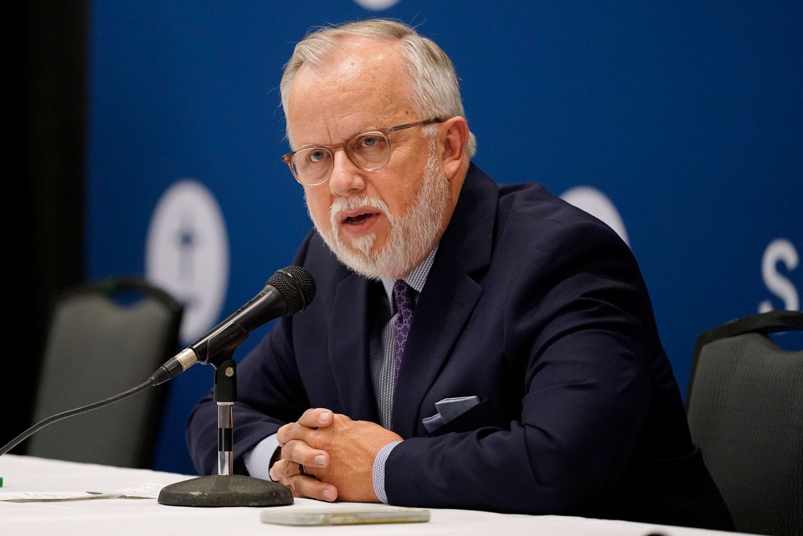 PHOTO: Pastor Ed Litton, of Saraland, Ala., answers questions after being elected president of the Southern Baptist Convention Tuesday, June 15, 2021, in Nashville, Tenn. (AP Photo/Mark Humphrey)