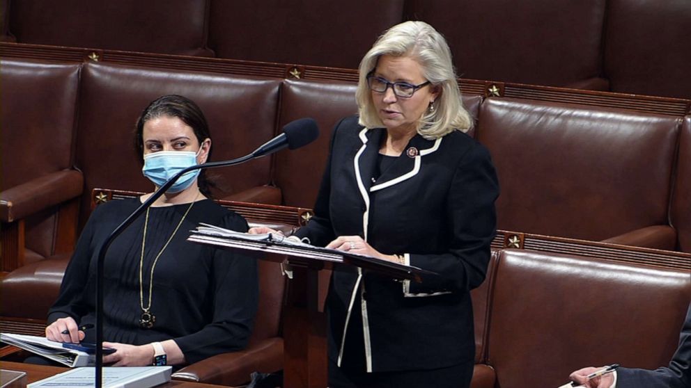 PHOTO: Rep. Liz Cheney speaks on the floor of the House of Representatives in Washington, D.C., Oct. 21, 2021.