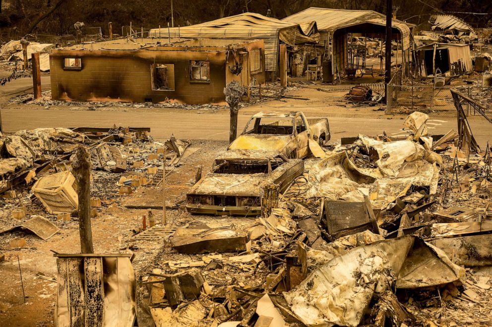 PHOTO: Scorched homes and vehicles fill Spanish Flat Mobile Villa following the LNU Lightning Complex fires in unincorporated Napa County, Calif., on Thursday, Aug. 20, 2020.