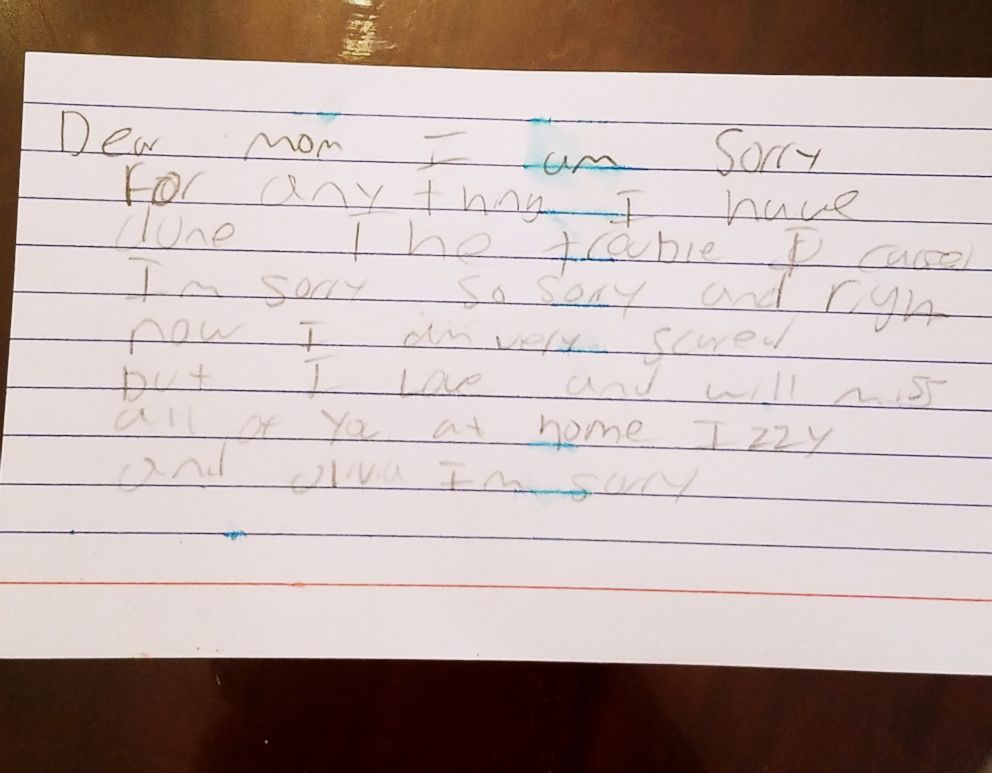 PHOTO: Fearing for his life a student at Governor's Village STEM Academy in north Charlotte wrote a goodbye letter to his parents during a school lock-down on Nov.9, 2018. 
