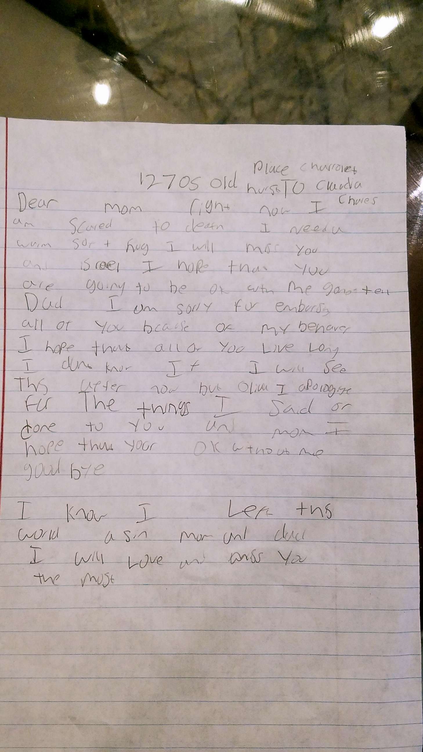 PHOTO: Fearing for his life a student at Governor's Village STEM Academy in north Charlotte wrote a goodbye letter to his parents during a school lock-down on Nov.9, 2018. 