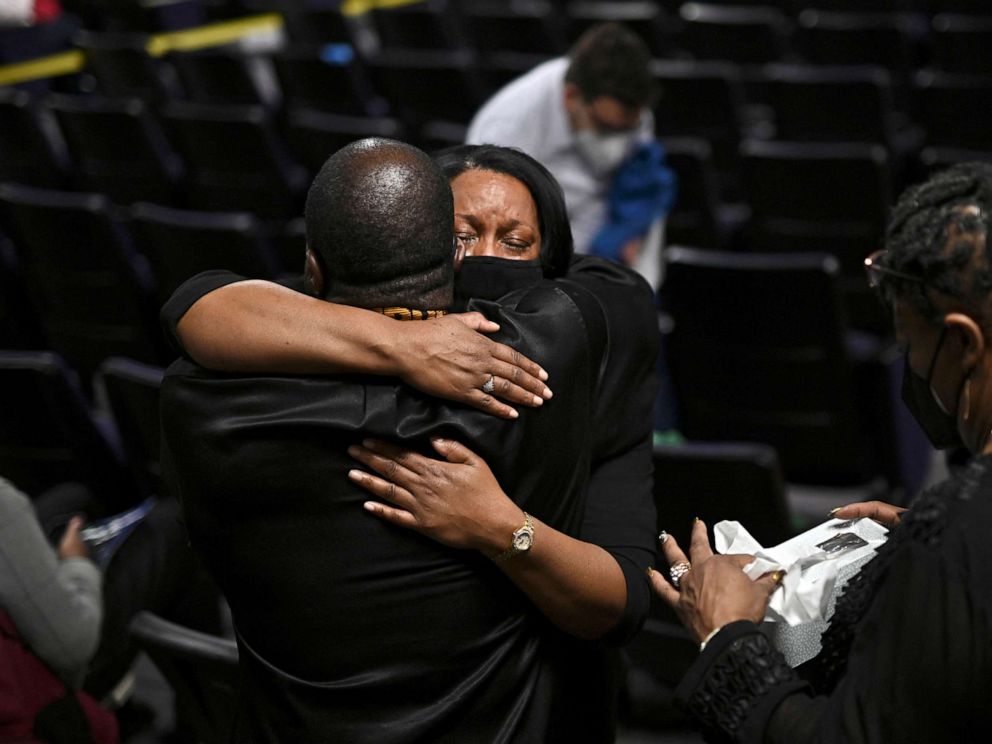 PHOTO: Bridgette Stewart is embraced before the funeral for Amir Locke, a Black man who was shot and killed by Minneapolis Police, at the Shiloh Temple International Ministries in Minneapolis, Feb. 17, 2022.