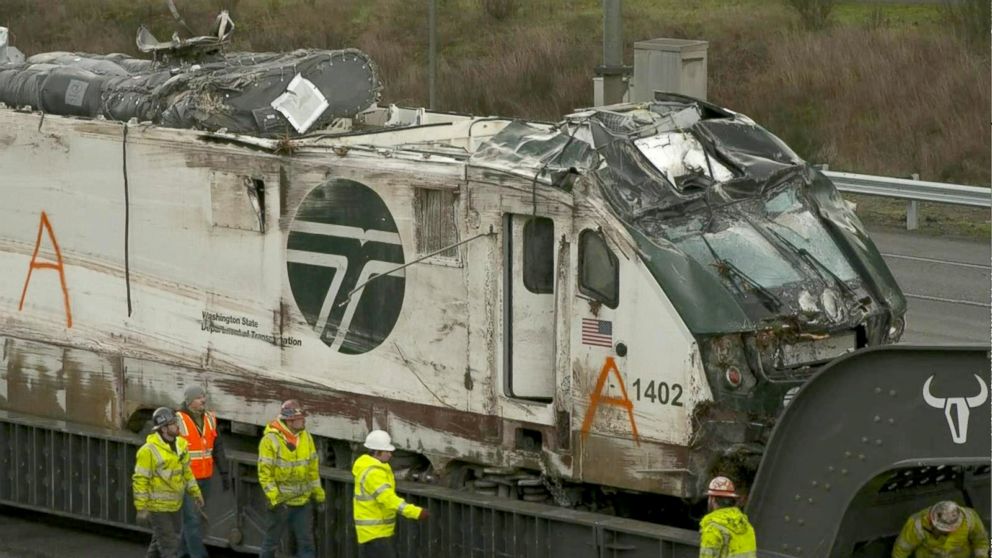 PHOTO: The 270,000 pound Amtrak locomotive being moved from the crash site, December 20, 2017.
