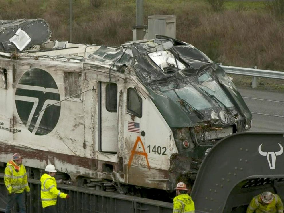 PHOTO: The 270,000 pound Amtrak locomotive being moved from the crash site, December 20, 2017.