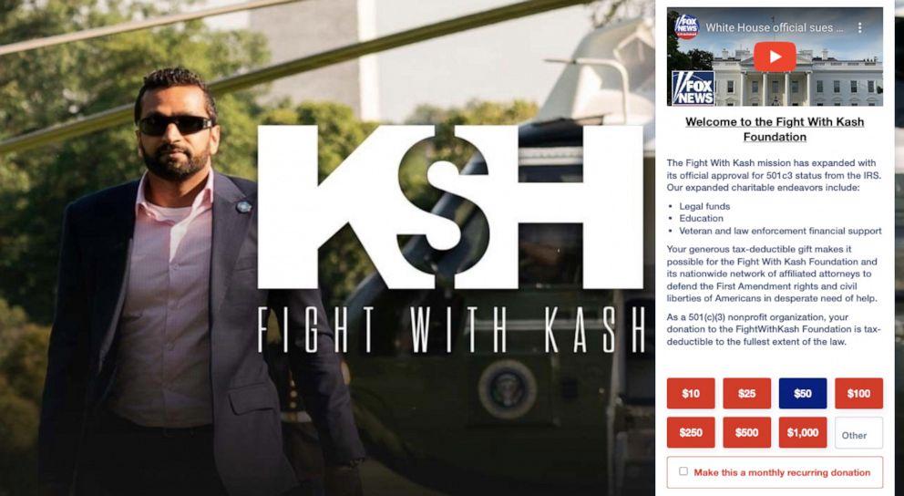 PHOTO: Kash Patel and the "Fight With Kash" logo are seen on the charity's "donate" page at WinRed.com, as captured on Feb. 24, 2023.