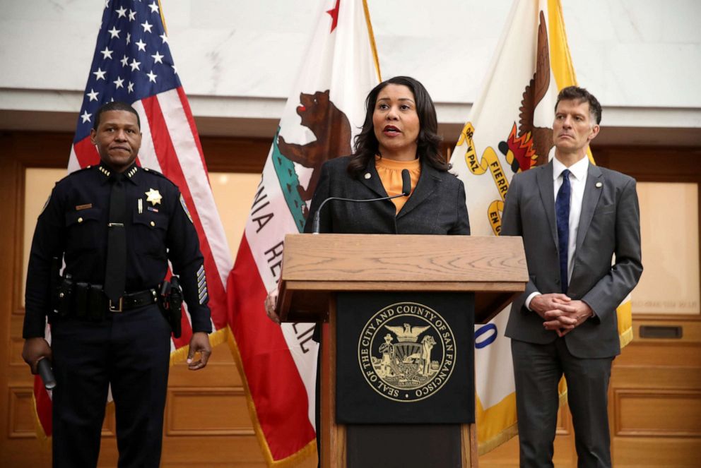 PHOTO: In this March 16, 2020, file photo San Francisco Mayor London Breed (C) speaks during a press conference at City Hall in San Francisco.