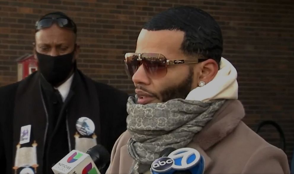 PHOTO: Marquez Marquez speaks with reporters outside a police station in Chicago, on Feb. 6, 2022.