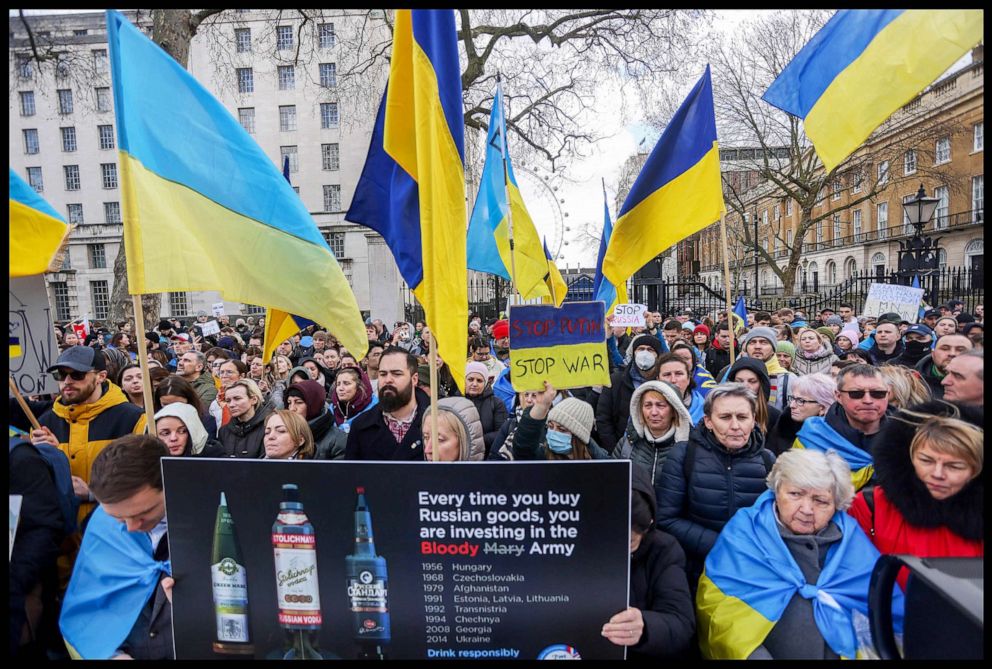 PHOTO: People gather on Whitehall opposite Downing Street protesting the invasion of Ukraine by Russia, on Feb. 24, 2022, in London.