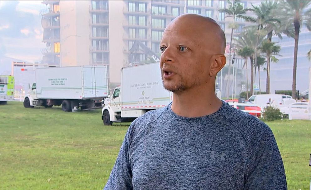 PHOTO: Paolo Longobardi speaks about escaping the collapsed building in Surfside, Fla. on "Good Morning America," June 25, 2021.