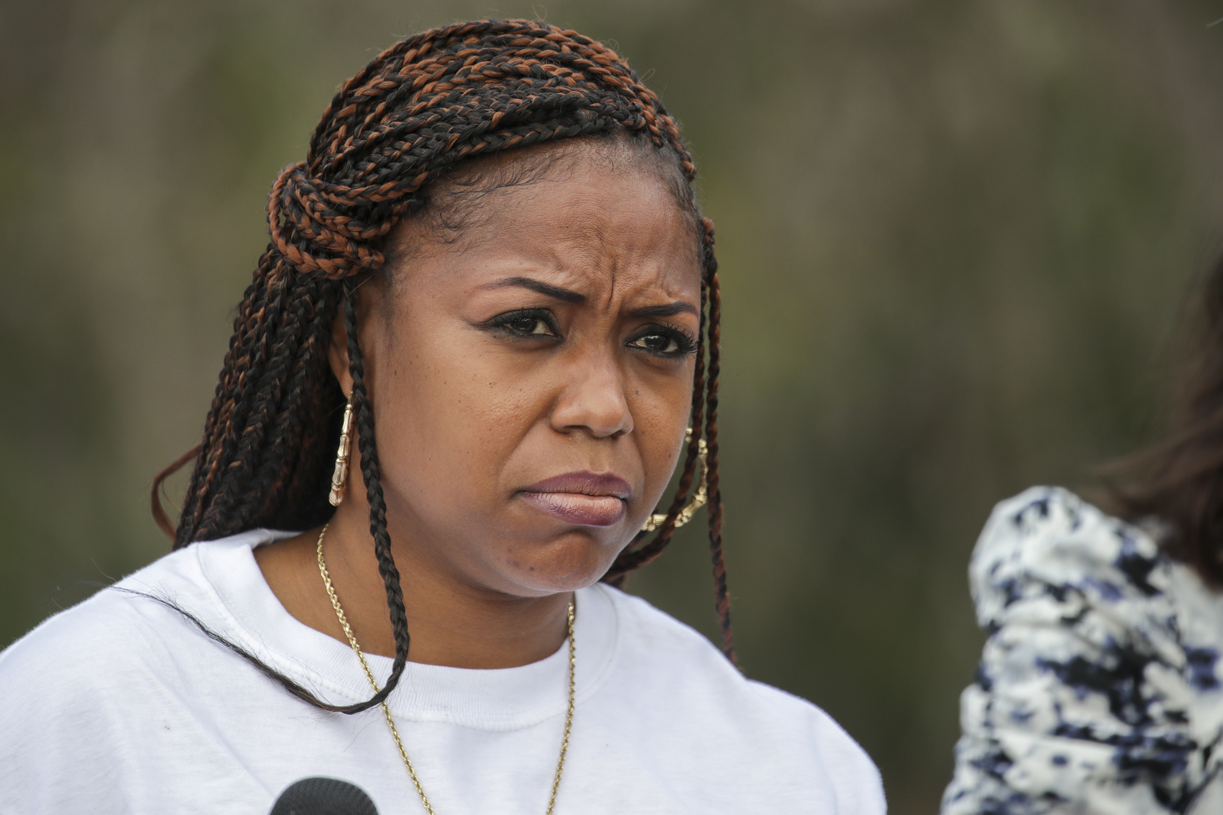 PHOTO: Lora King, daughter of Rodney King, on the anniversary of her father's death addresses a press conference held at Ladera Park, June 17, 2021 in Los Angeles.