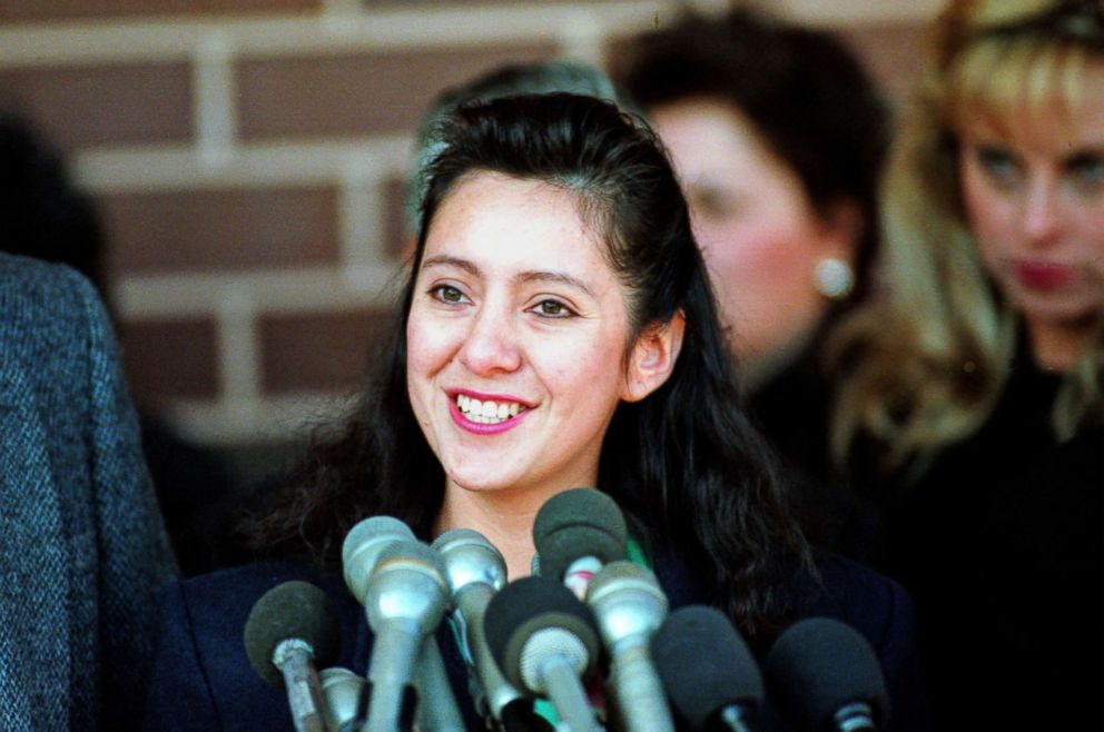 PHOTO: Lorena Bobbitt meets reporters outside court in Manassas, Va., Feb. 28, 1994.  Circuit Judge Herman Wisenant Jr. ordered her released from a mental hospital, five weeks after her acquittal on reason of insanity for cutting off her husband's penis.