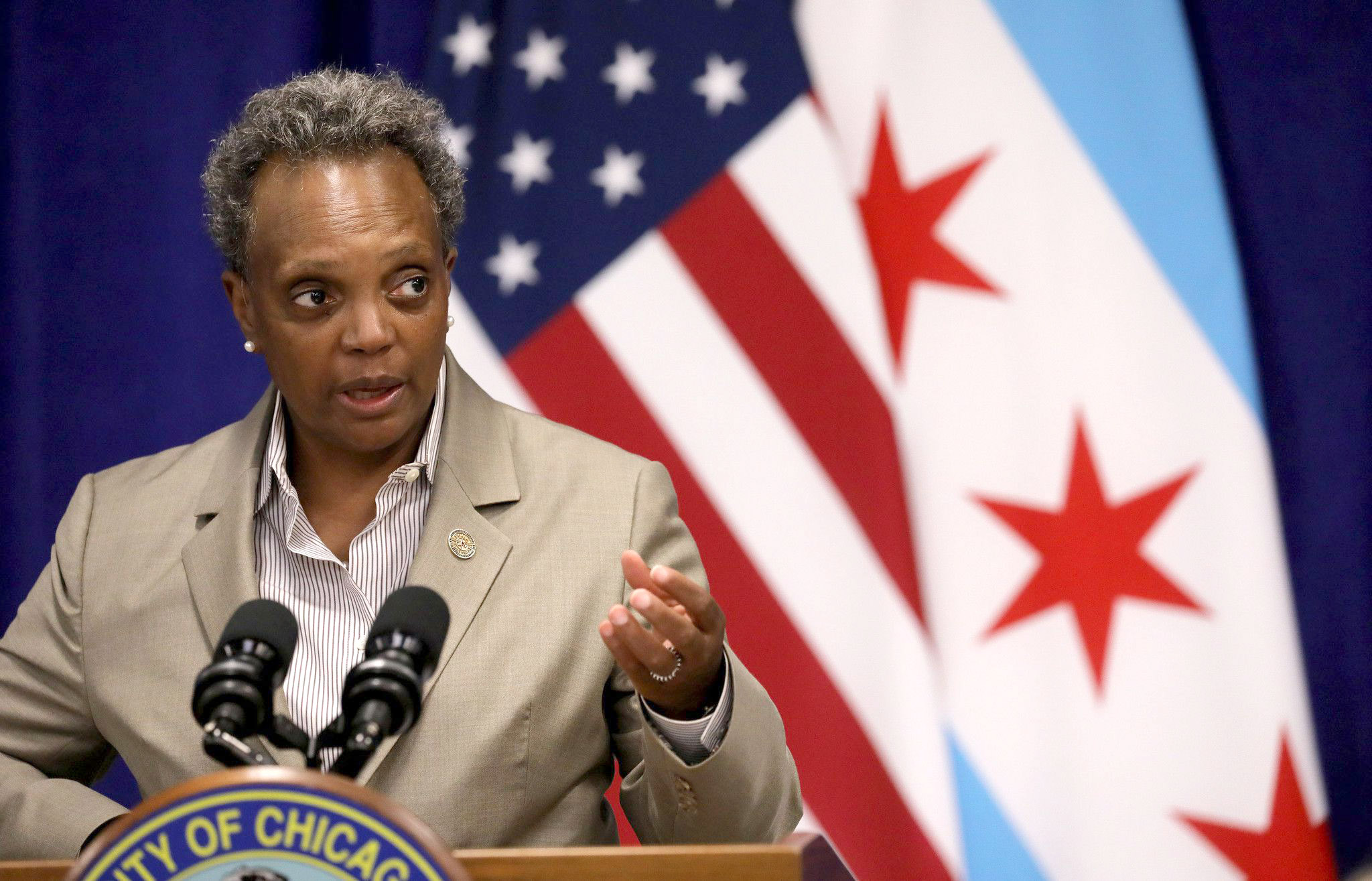 PHOTO: Mayor Lori Lightfoot speaks during a news conference at the Greater Western Community Development Project in Chicago, Sept. 14, 2020.