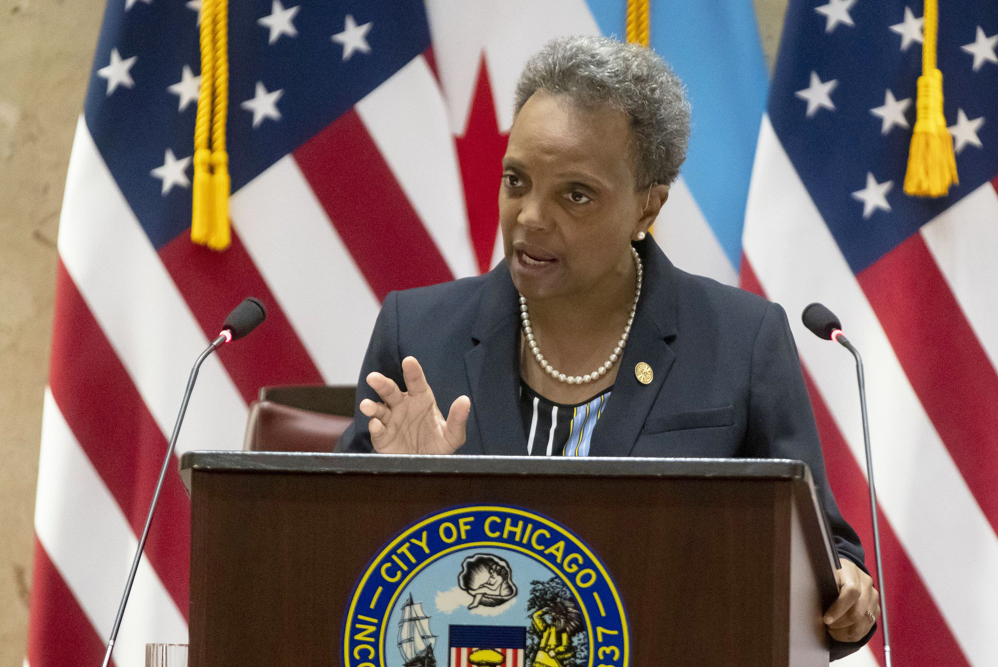 PHOTO: In this Oct. 21, 2020, file photo, Mayor Lori Lightfoot speaks at City Hall in Chicago.