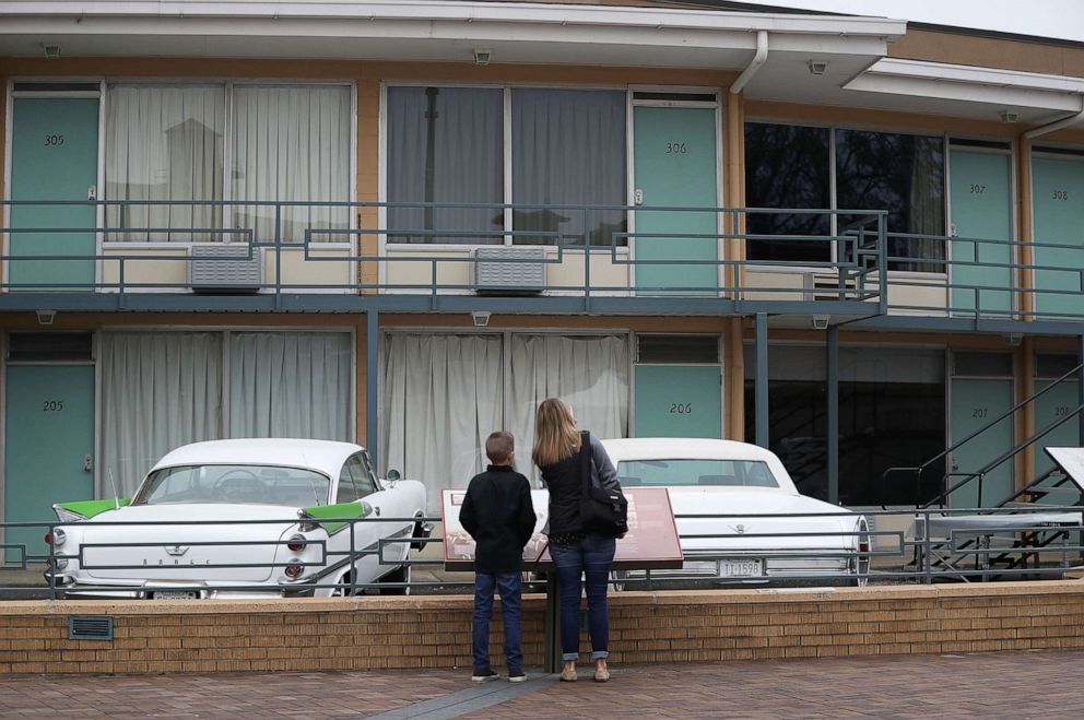 PHOTO: People visit the Lorraine Motel, where Dr. Martin Luther King, Jr. was assassinated, and is now part of the complex of the National Civil Rights Museum, April 2, 2018 in Memphis, Tenn.